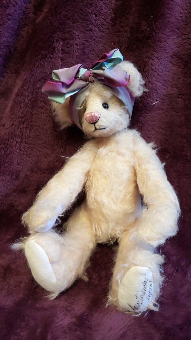 Cream Plush Teddy Bear With Pink Blue Satin Bow, Signed Paw Pad, 12 In - 6