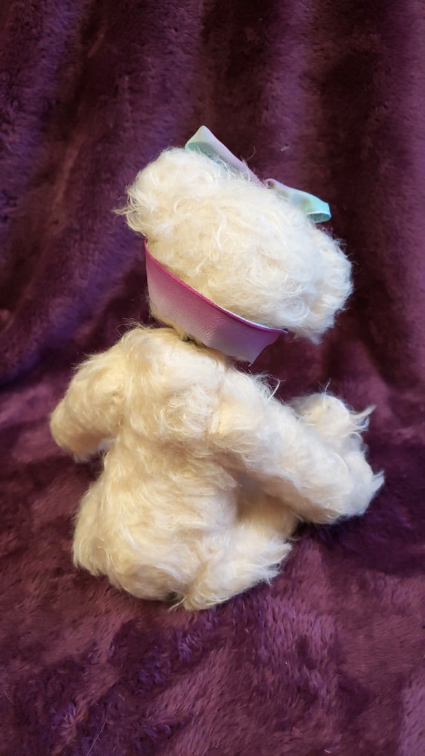 Cream Plush Teddy Bear With Pink Blue Satin Bow, Signed Paw Pad, 12 In - 7