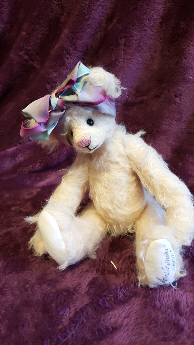 Cream Plush Teddy Bear With Pink Blue Satin Bow, Signed Paw Pad, 12 In - 8