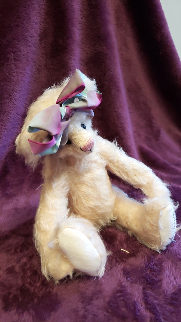 Cream Plush Teddy Bear With Pink Blue Satin Bow, Signed Paw Pad, 12 In - 9