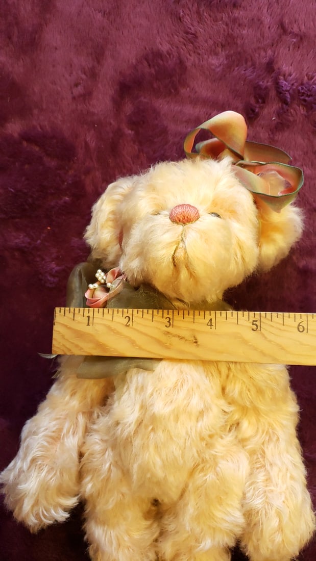 Jazz Bears By Virginia Jasmer Cream Plush Teddy Bear With Pink Green Ribbon Bows And Floral Neck ... - 3