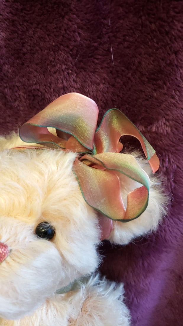 Jazz Bears By Virginia Jasmer Cream Plush Teddy Bear With Pink Green Ribbon Bows And Floral Neck ... - 4