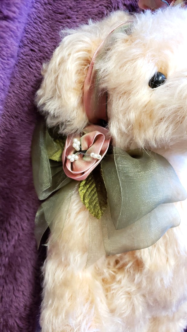Jazz Bears By Virginia Jasmer Cream Plush Teddy Bear With Pink Green Ribbon Bows And Floral Neck ... - 5