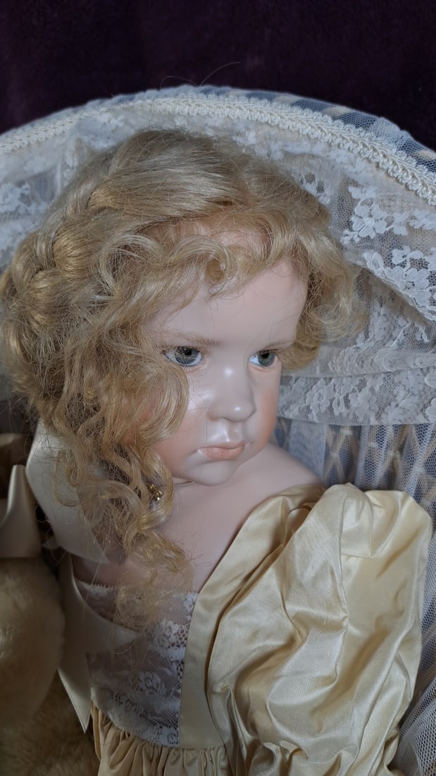 Gunzel Wax Over Porcelain Girl Doll With Teddy Bear, Cream Satin Lace Dress And Lace Chair - 3