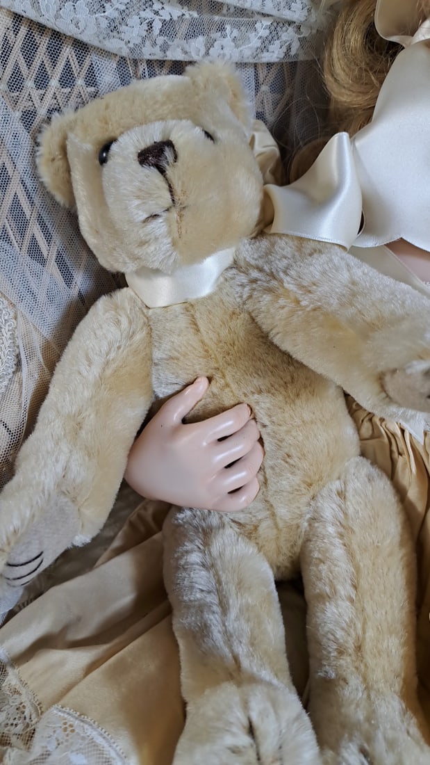 Gunzel Wax Over Porcelain Girl Doll With Teddy Bear, Cream Satin Lace Dress And Lace Chair - 4