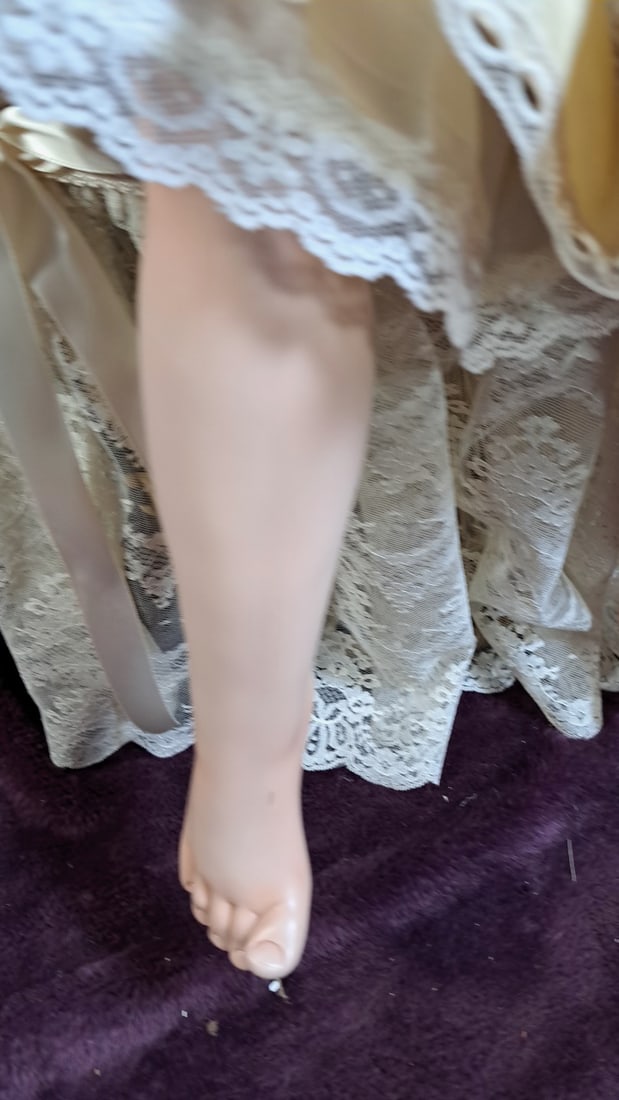 Gunzel Wax Over Porcelain Girl Doll With Teddy Bear, Cream Satin Lace Dress And Lace Chair - 5