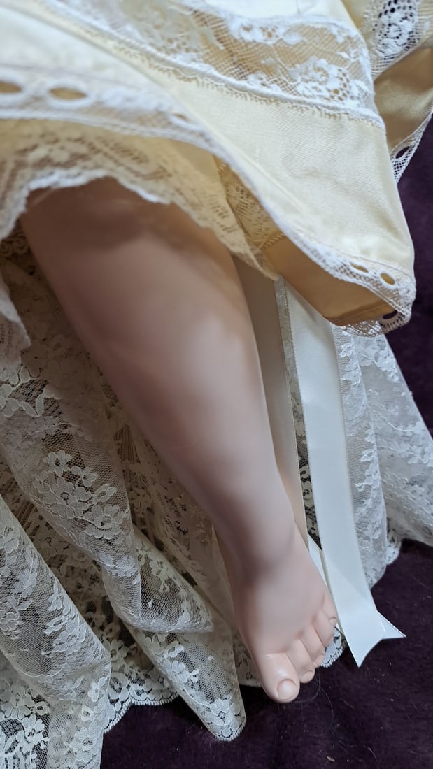 Gunzel Wax Over Porcelain Girl Doll With Teddy Bear, Cream Satin Lace Dress And Lace Chair - 6