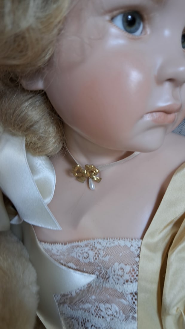Gunzel Wax Over Porcelain Girl Doll With Teddy Bear, Cream Satin Lace Dress And Lace Chair - 7