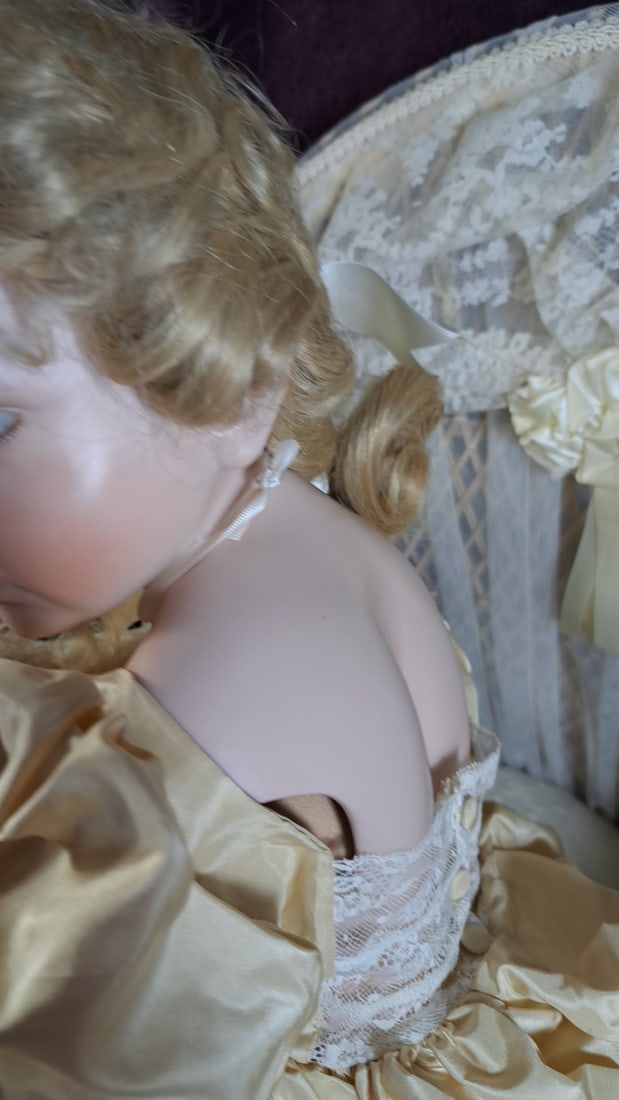 Gunzel Wax Over Porcelain Girl Doll With Teddy Bear, Cream Satin Lace Dress And Lace Chair - 8