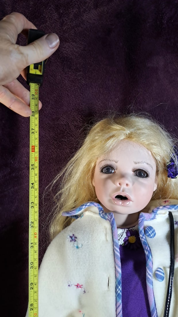 Gudge Made In Australia Porcelain Doll Blonde Hair Purple Floral Outfit 36 In - 2