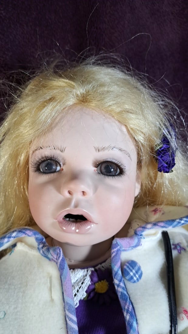 Gudge Made In Australia Porcelain Doll Blonde Hair Purple Floral Outfit 36 In - 3