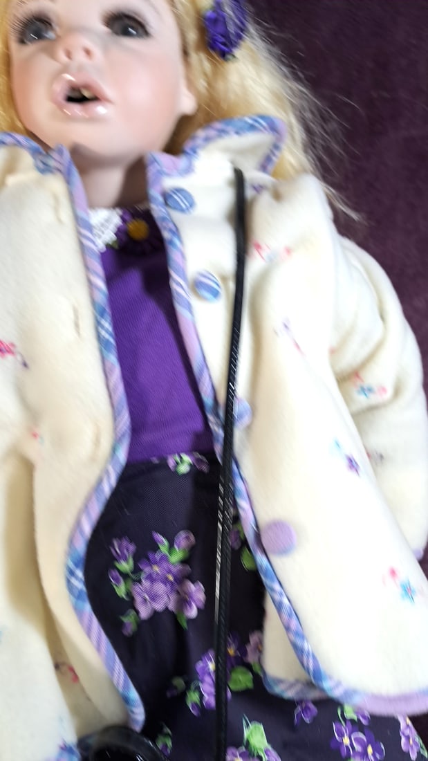 Gudge Made In Australia Porcelain Doll Blonde Hair Purple Floral Outfit 36 In - 4