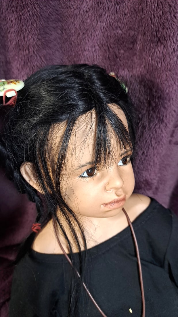 Plusczok Porcelain Doll With Black Hair, Black Top, Floral Shorts, Necklace - 2