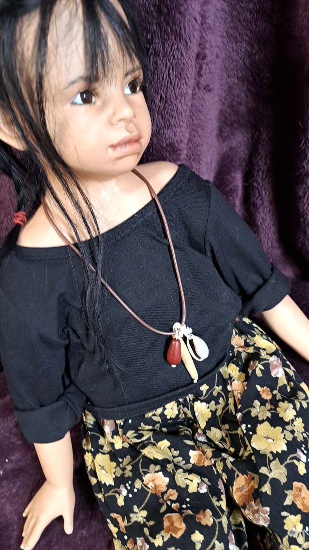 Plusczok Porcelain Doll With Black Hair, Black Top, Floral Shorts, Necklace - 3