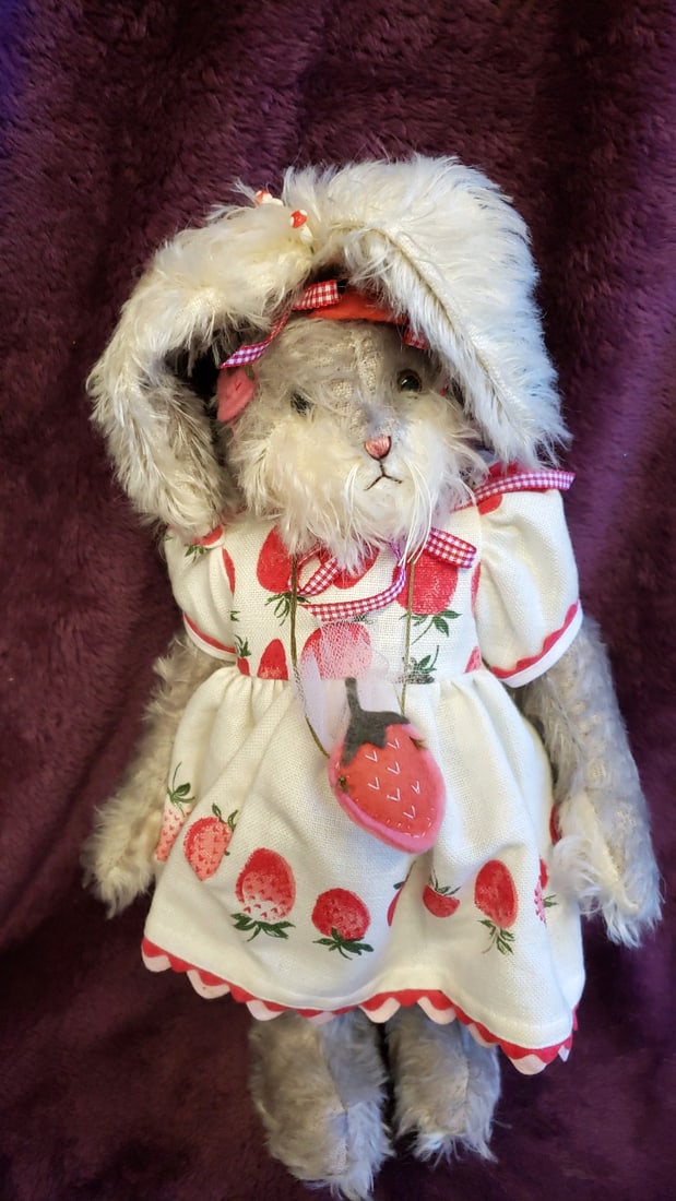 Bunnies By The Bay Gray Plush Bunny Rabbit Doll With Strawberry Print Dress And Floppy Ears - 4