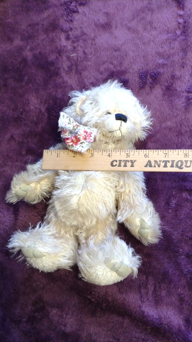 Sharon Lederev New Zealand Cream Mohair Teddy Bear With Floral Bow, 11 In - 3
