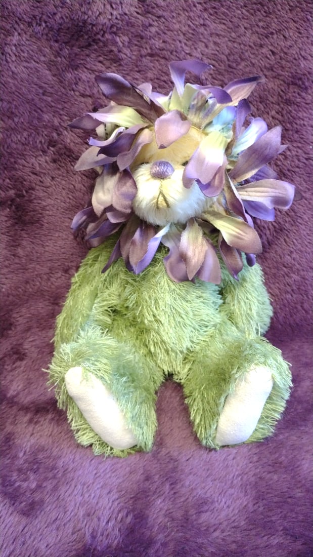 Green Jazzy Bear Plush Stuffed Animal With Purple Flower Petal Mane 9 In - 8