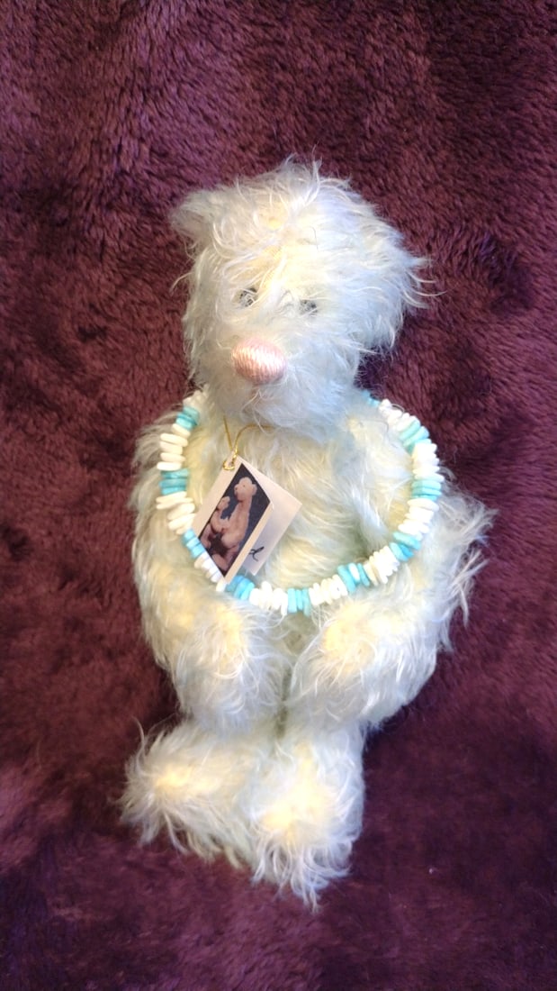 Bev Dodd Polar Ice Artist Teddy Bear Plush 9" With Blue White Bead Necklace - 9