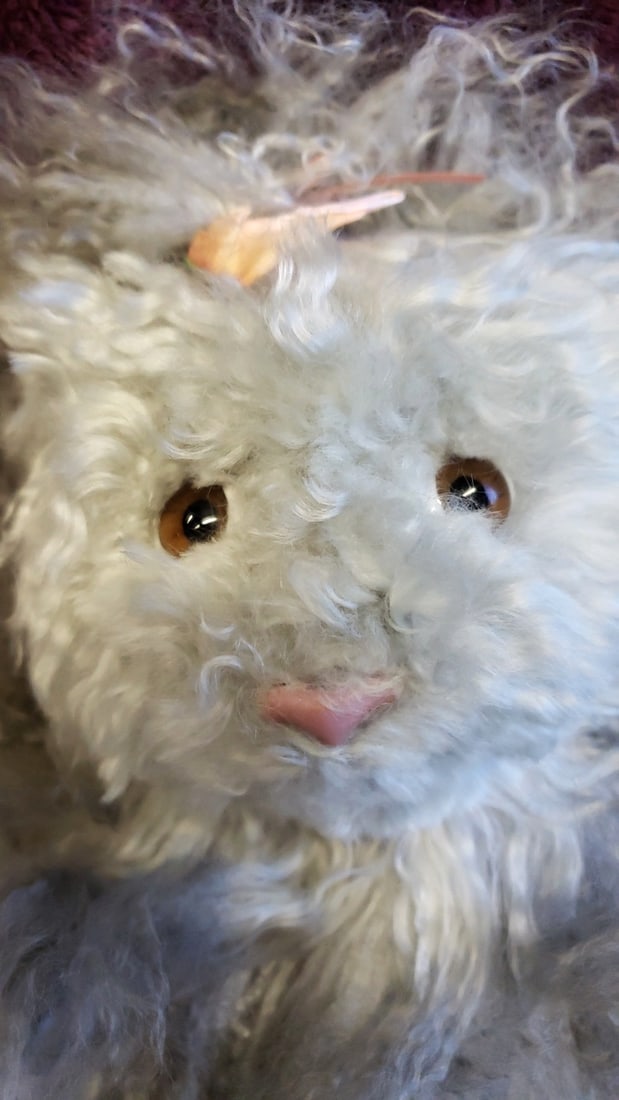 W. Brent 1992 Gray Curly Fur Plush Cat With Pink Nose And Bow, Approx. 20 In - 4