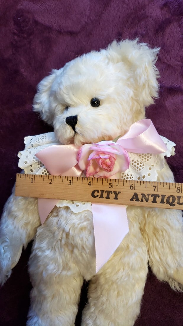 Nacy Rygg Beverly Port Cream Teddy Bear Plush With Pink Bow, Rose Lace Collar - 3