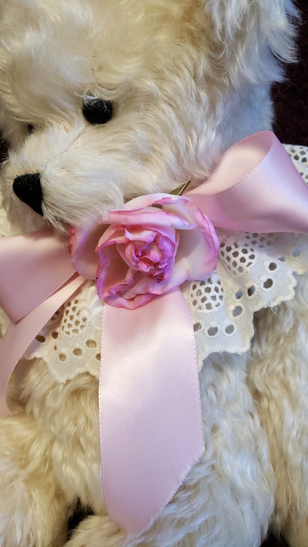 Nacy Rygg Beverly Port Cream Teddy Bear Plush With Pink Bow, Rose Lace Collar - 4