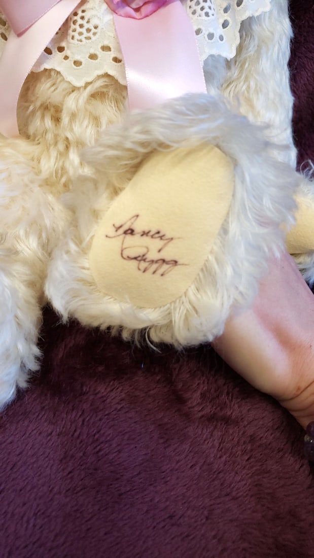 Nacy Rygg Beverly Port Cream Teddy Bear Plush With Pink Bow, Rose Lace Collar - 6
