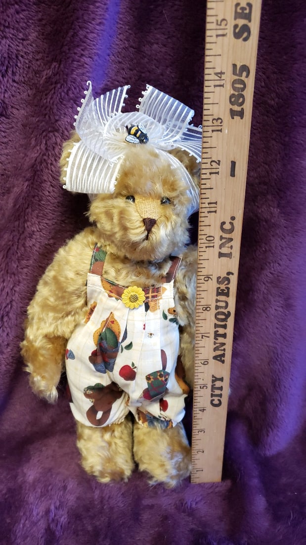 Tan Teddy Bear Plush 12 In White Bow Bee Charm Sunflower Overalls - 2
