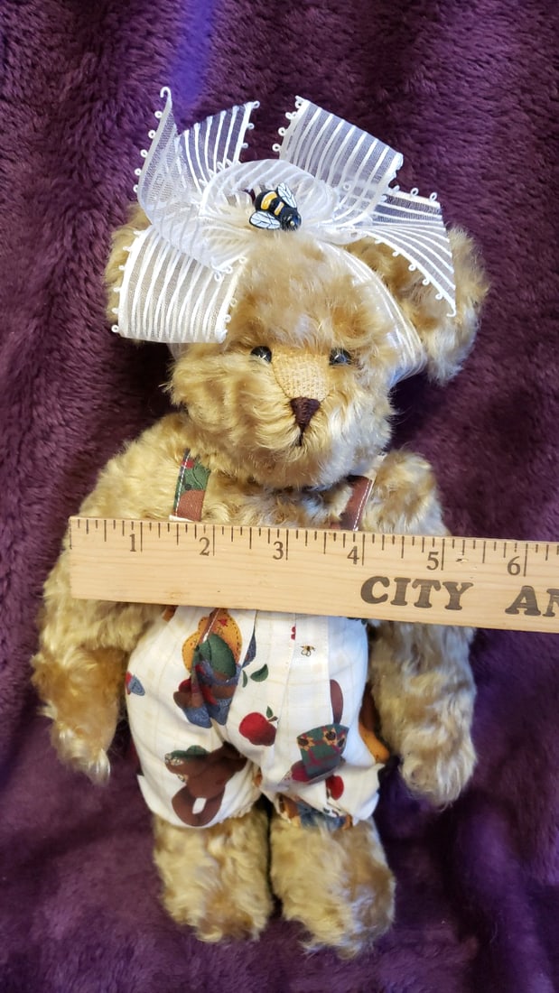 Tan Teddy Bear Plush 12 In White Bow Bee Charm Sunflower Overalls - 3