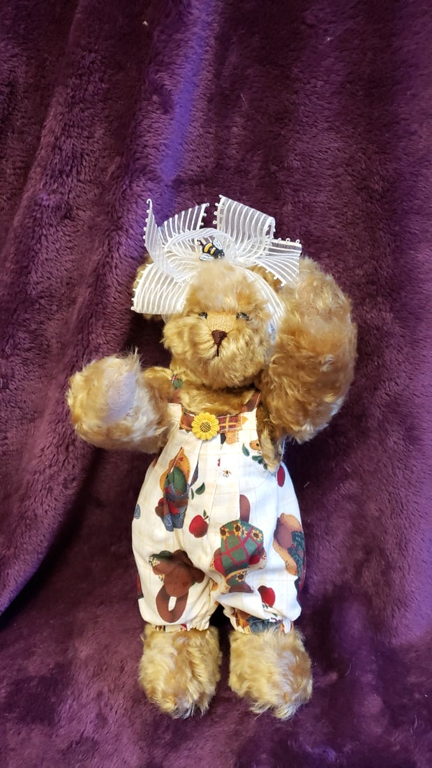 Tan Teddy Bear Plush 12 In White Bow Bee Charm Sunflower Overalls - 8