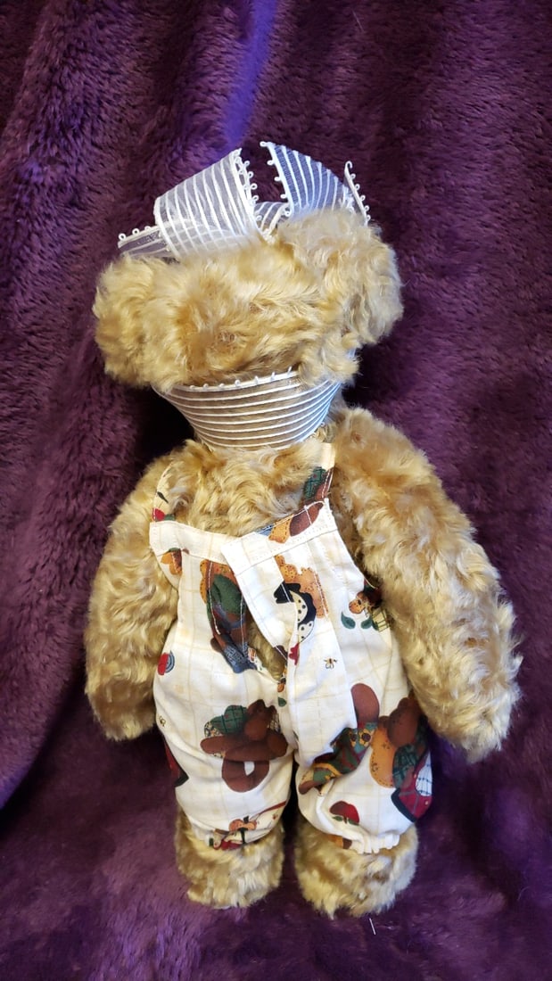 Tan Teddy Bear Plush 12 In White Bow Bee Charm Sunflower Overalls - 9