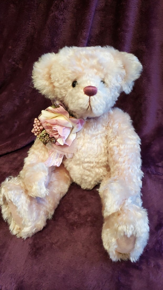 Jazzbears By Virginia Jasper Cream Curly Plush Teddy Bear With Pink Floral Shoulder Corsage And S... - 10