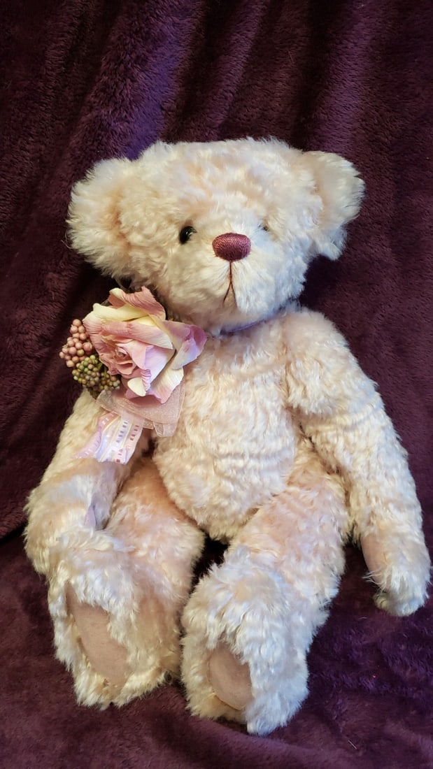 Jazzbears By Virginia Jasper Cream Curly Plush Teddy Bear With Pink Floral Shoulder Corsage And S...: Adjustble arms and legs. 12 x 18 x 7 1. 2 lb we have gained a lot of experience shipping dolls from our previous auction. We offer in-house shipping. The shipping price shown in the listing is the