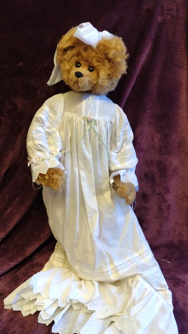 Brown Plush Teddy Bear In White Embroidered Gown With Satin Hair Bow, 24 In: 14 x 25 x 7 2 lb we have gained a lot of experience shipping dolls from our previous auction. We offer in-house shipping. The shipping price shown in the listing is the liveshipping service by