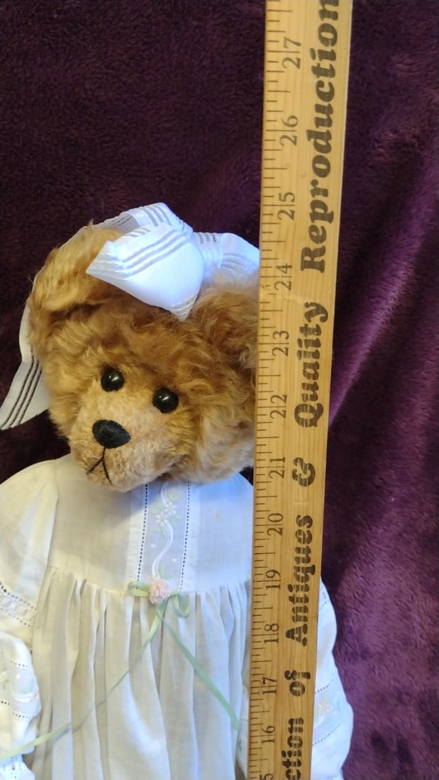 Brown Plush Teddy Bear In White Embroidered Gown With Satin Hair Bow, 24 In - 2