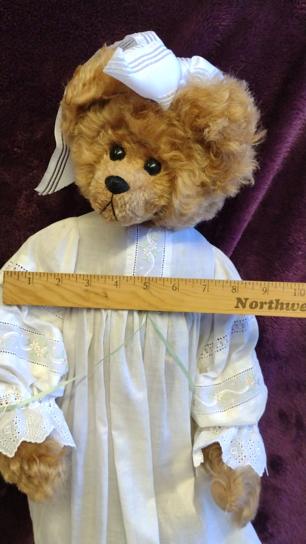 Brown Plush Teddy Bear In White Embroidered Gown With Satin Hair Bow, 24 In - 3