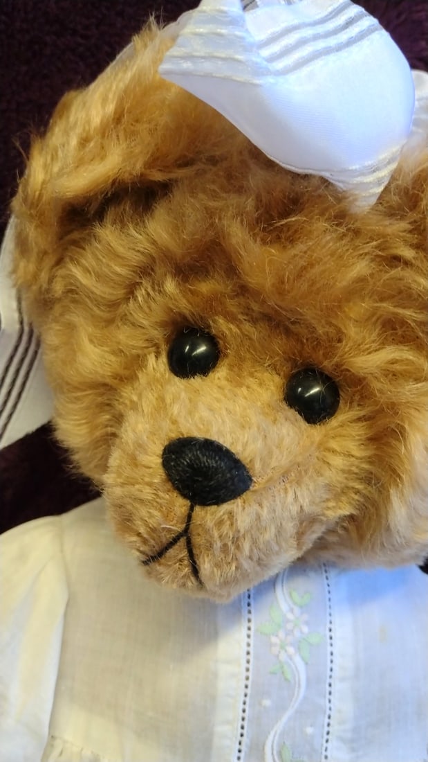 Brown Plush Teddy Bear In White Embroidered Gown With Satin Hair Bow, 24 In - 4