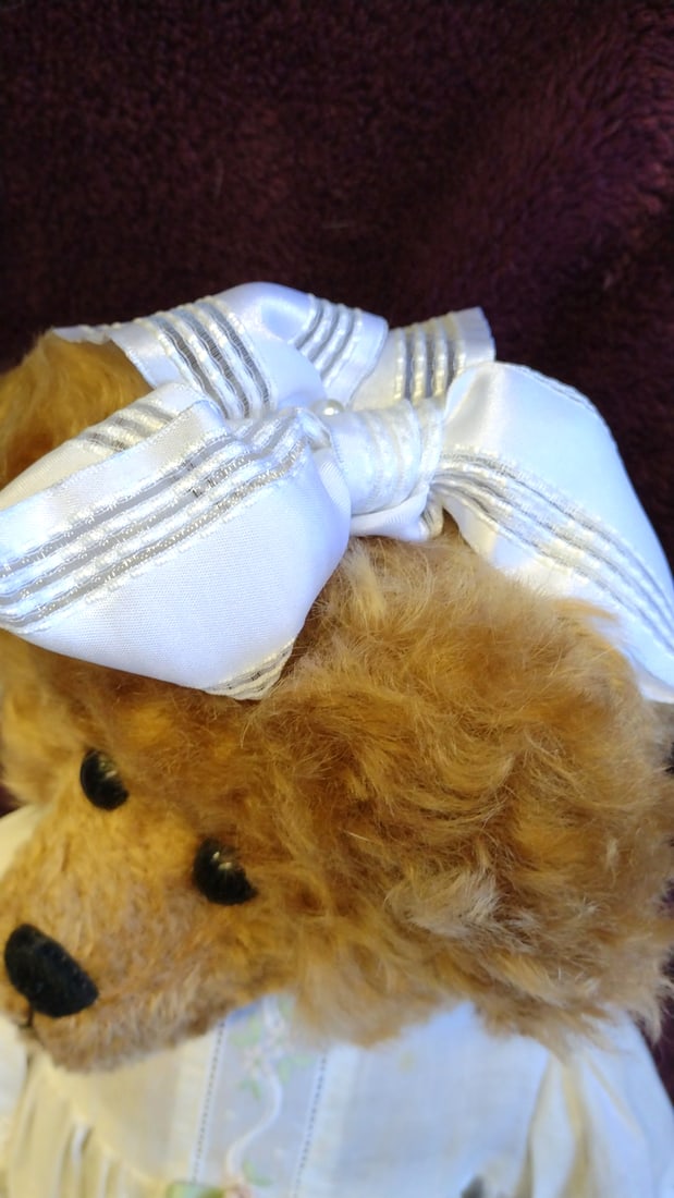 Brown Plush Teddy Bear In White Embroidered Gown With Satin Hair Bow, 24 In - 5