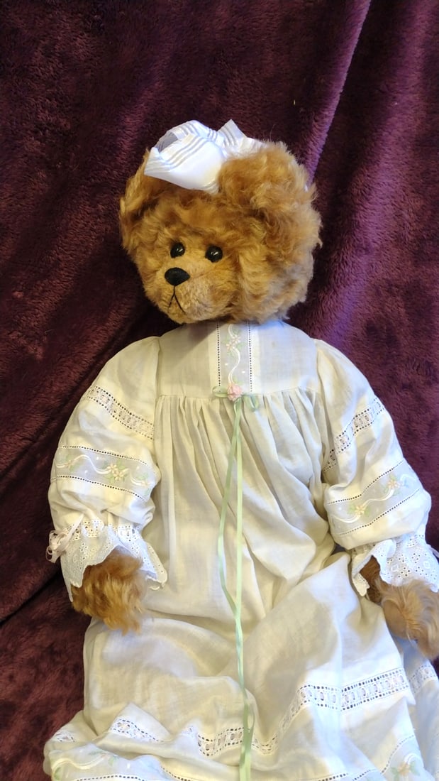 Brown Plush Teddy Bear In White Embroidered Gown With Satin Hair Bow, 24 In - 6
