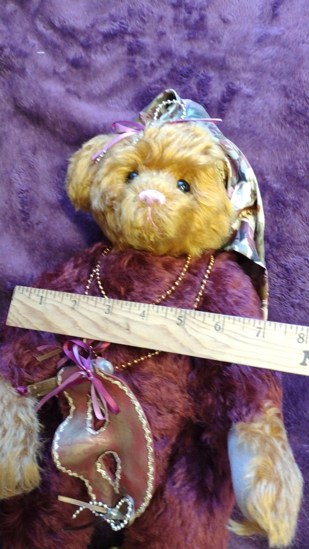 Sasha Collectibles Burgundy Gold Plush Teddy Bear With Masquerade Mask Floral Hat Beads 18 In - 3