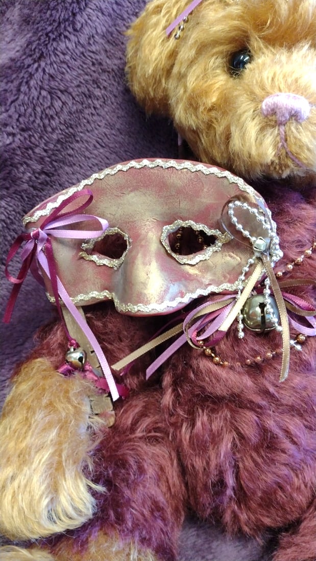 Sasha Collectibles Burgundy Gold Plush Teddy Bear With Masquerade Mask Floral Hat Beads 18 In - 5