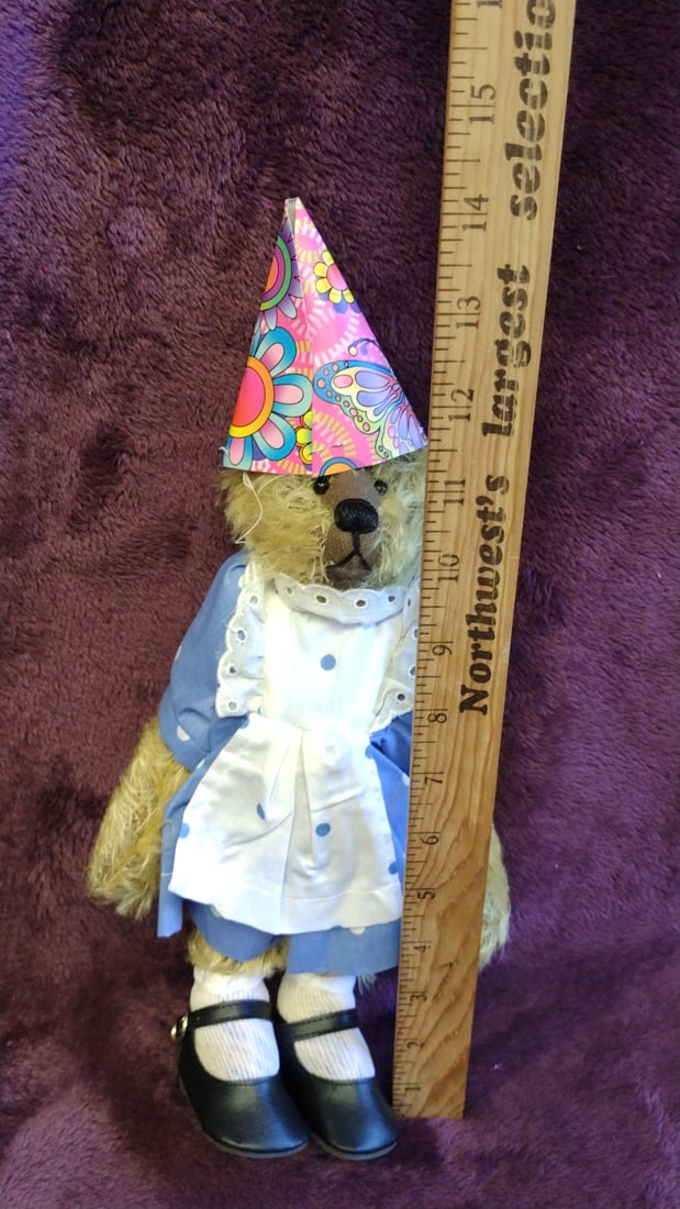Teddy Bear Plush Doll Blue Polka Dot Dress Black Mary Jane Shoes Party Hat 15 In - 2