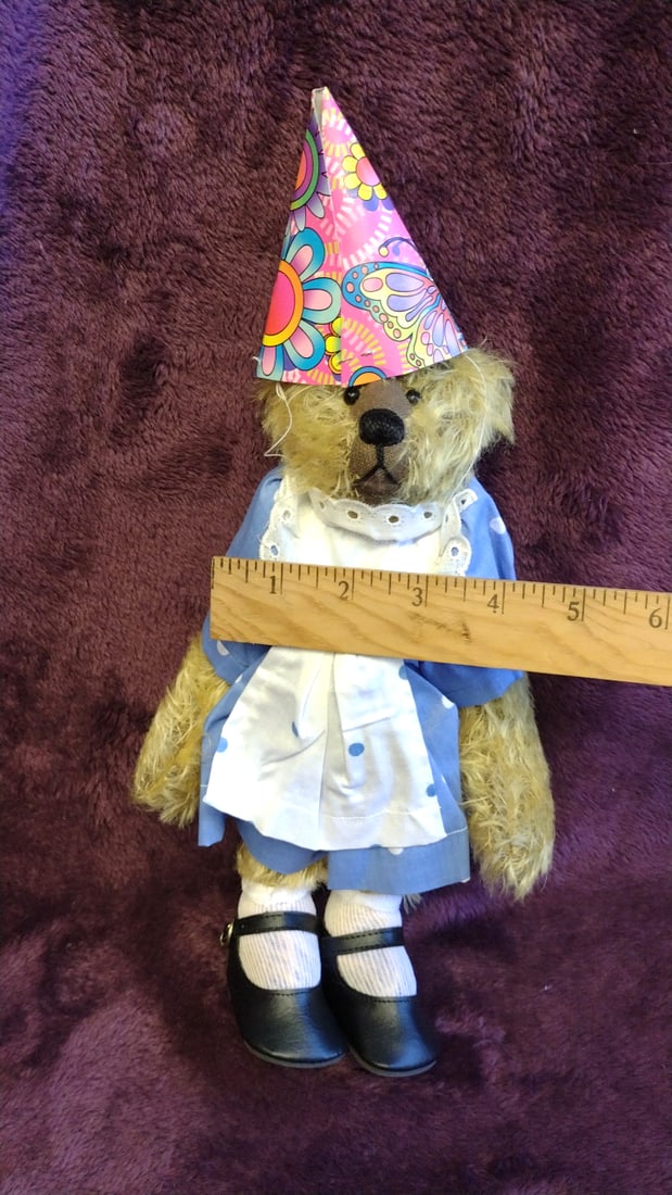 Teddy Bear Plush Doll Blue Polka Dot Dress Black Mary Jane Shoes Party Hat 15 In - 3