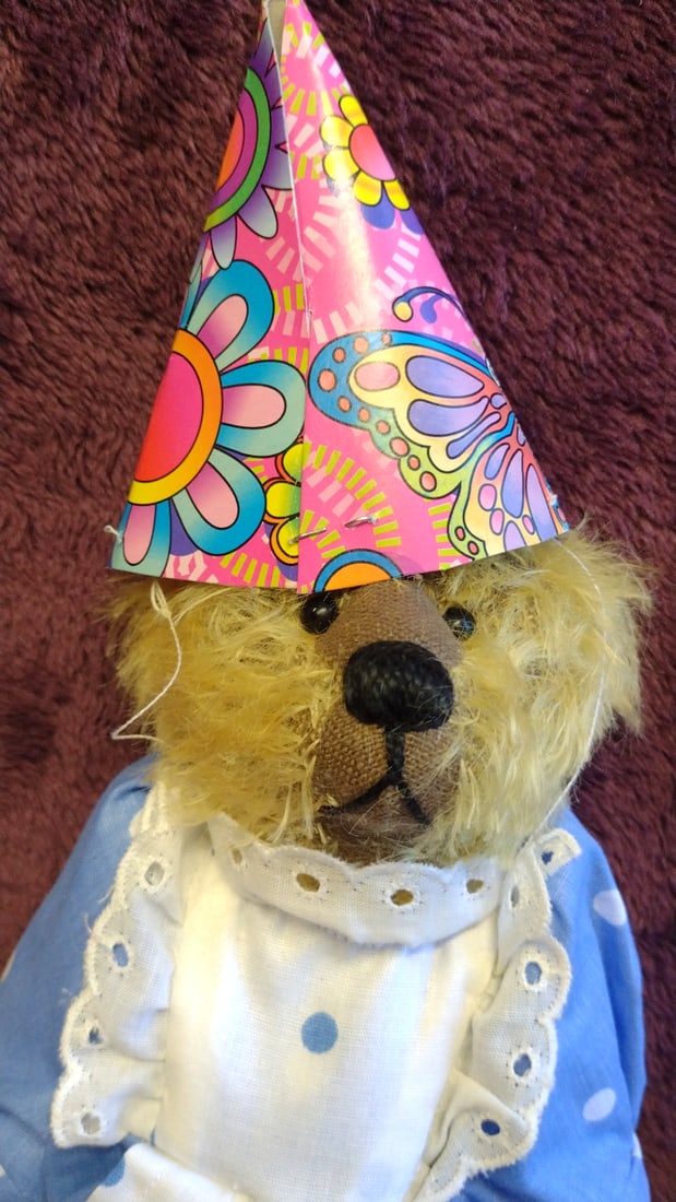 Teddy Bear Plush Doll Blue Polka Dot Dress Black Mary Jane Shoes Party Hat 15 In - 4