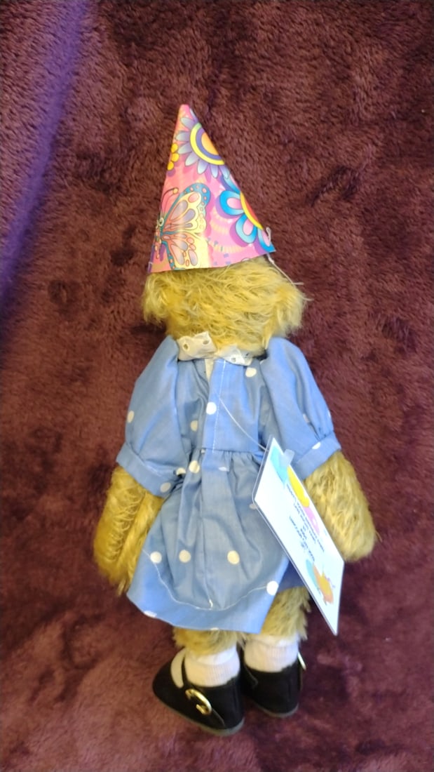 Teddy Bear Plush Doll Blue Polka Dot Dress Black Mary Jane Shoes Party Hat 15 In - 7