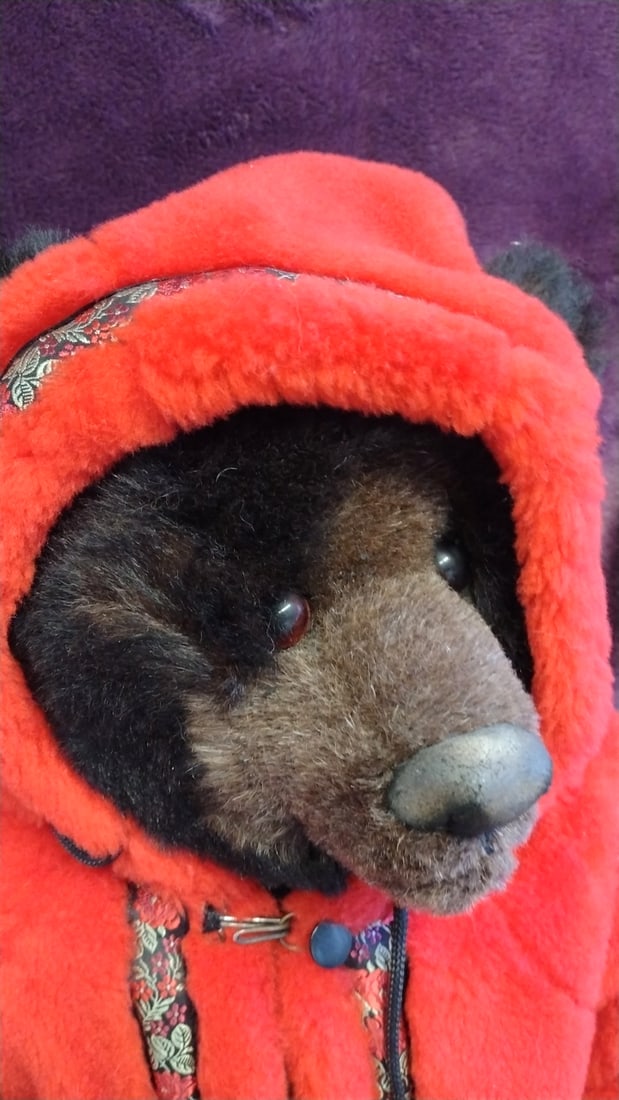 Heidi Miller Artist Black Bear Doll In Red Hooded Parka With Snowshoes And Seal Accessory - 2