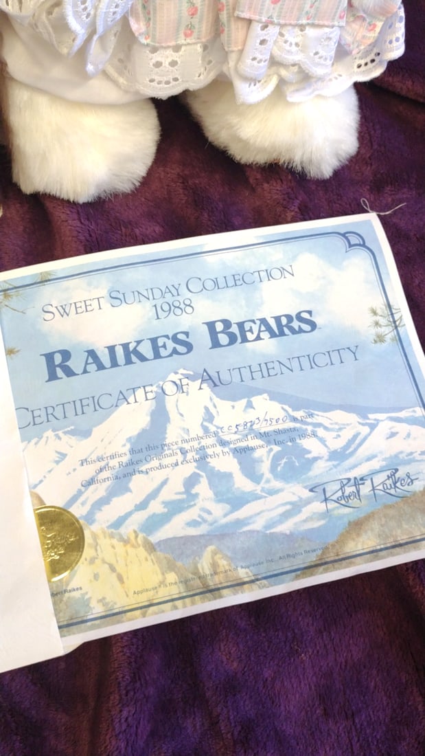 Robert Raikes Bears Sally #17007 Sweet Sunday Collection 1988 White Plush Bear With Coa & Box - 4