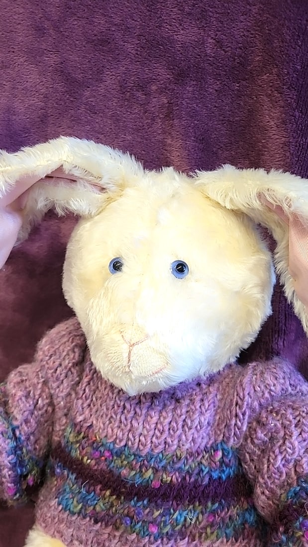 Artist Made Cream Plush Bunny Rabbit Stuffed Animal With Purple Handknit Sweater Unsigned - 2