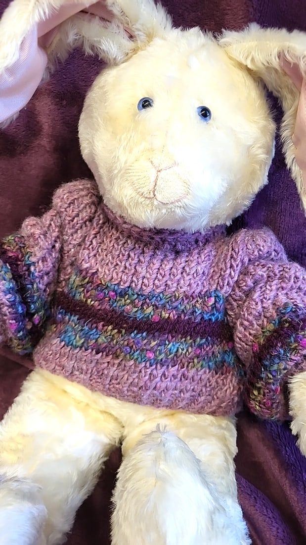 Artist Made Cream Plush Bunny Rabbit Stuffed Animal With Purple Handknit Sweater Unsigned - 3