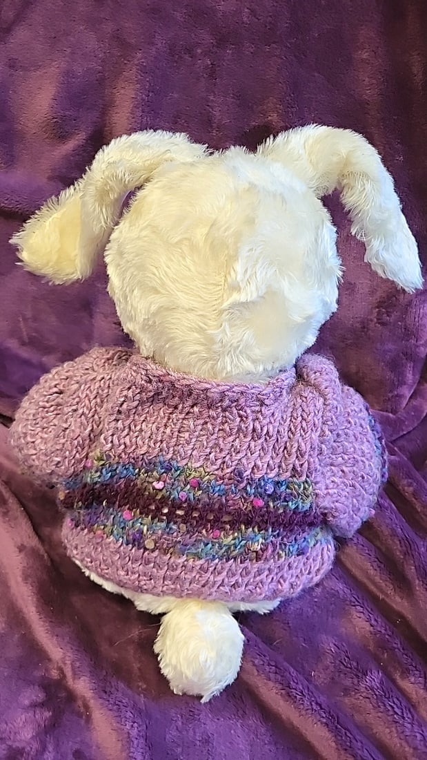 Artist Made Cream Plush Bunny Rabbit Stuffed Animal With Purple Handknit Sweater Unsigned - 4