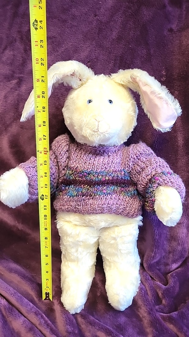 Artist Made Cream Plush Bunny Rabbit Stuffed Animal With Purple Handknit Sweater Unsigned - 5